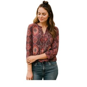 NWOT Lucky Brand Boho Paisley Smocked Waist Long Sleeve Blouse Size M